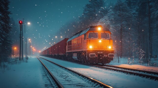 Fototapeta A freight train moves along snowy tracks beneath falling snowflakes in a quiet forest at night. Streetlights cast a warm glow, creating a tranquil winter atmosphere.