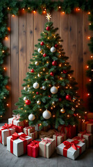 christmas tree setup features flat lay decorations gifts rustic wooden background festive lights greenery