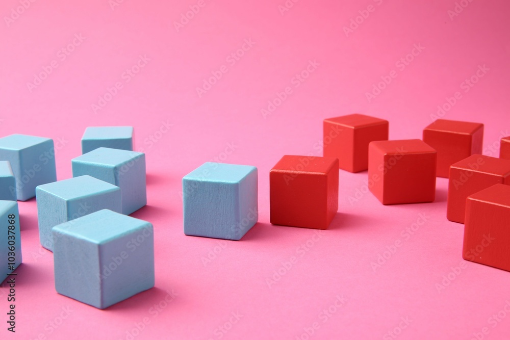 Poster Many wooden colorful cubes on pink background