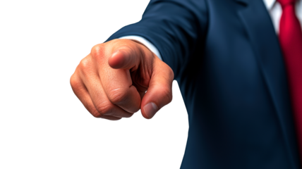 Professional hand pointing to emphasize action or decision, isolated on white background.
