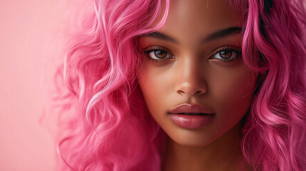 Naklejka premium Black woman with pink hair, banner copy space, hair dyeing, beauty salon, procedures