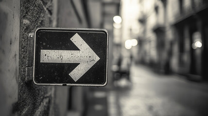 Right arrow sign on a street in black and white