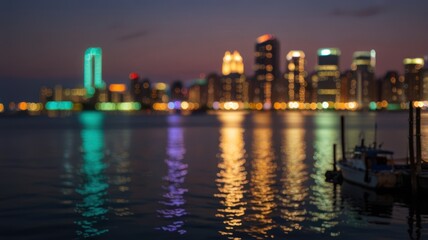 Fototapeta premium A blurred, out-of-focus image of a city skyline at night, with the lights reflecting in the water.