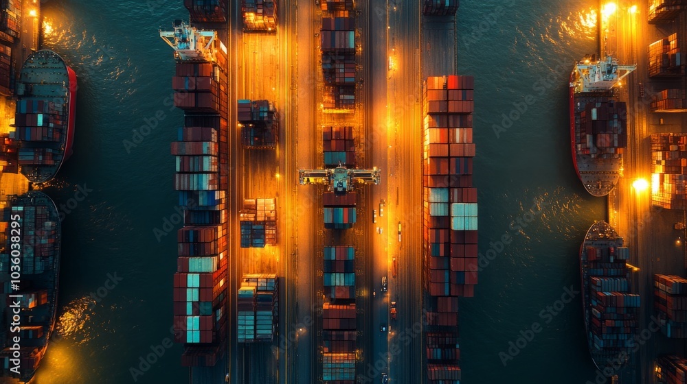 Poster Numerous container ships are docked at a bustling port during twilight, surrounded by stacked cargo containers under warm lighting, creating a vibrant atmosphere.