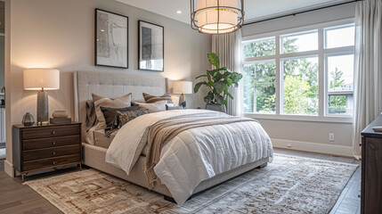 A transitional bedroom featuring a sleek platform bed with crisp white bedding and a soft gray headboard