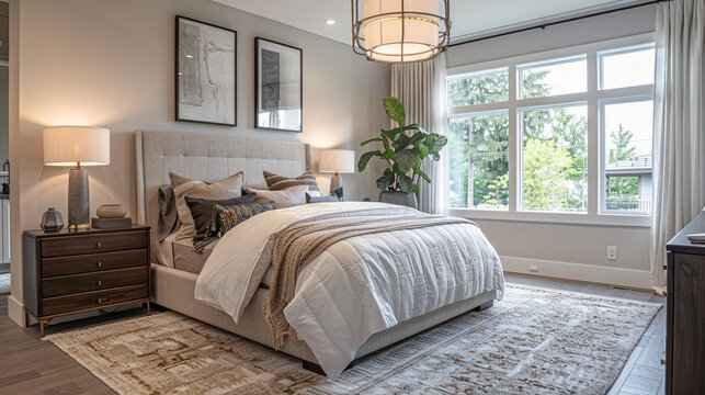 A transitional bedroom featuring a sleek platform bed with crisp white bedding and a soft gray headboard
