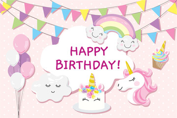 Vector illustration of unicorn theme happy birthday backdrop, banner