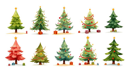 colorful watercolor illustrations holiday trees decorations designs cards prints featuring toys gifts festive atmosphere