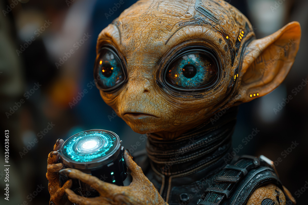 Poster an alien creature using a holographic device to communicate, symbolizing advanced alien technology. 