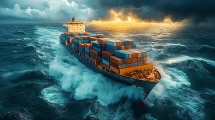 A large cargo ship moves through turbulent waters with waves crashing against its hull, set against a stunning sunset and dark clouds in the background.