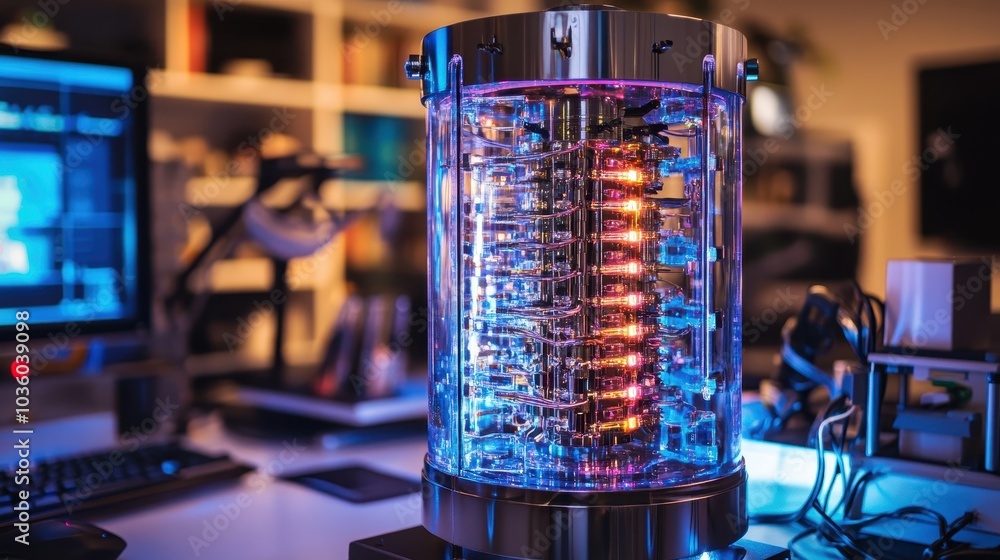 Poster future quantum computer in modern home office setting