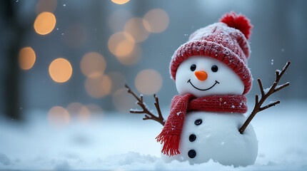 cute snowman winter background wool hat scarf amidst snowy landscape bokeh lights