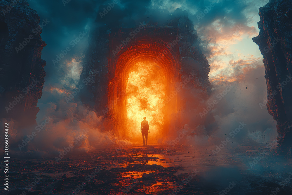 Poster a traveler stepping through a portal and arriving in a world where everything is the opposite, repre