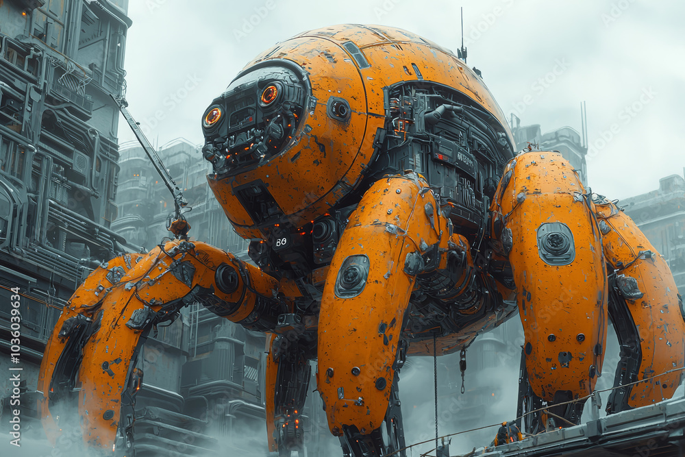 Poster a towering alien robot helping construct a building, symbolizing the role of technology in alien soc