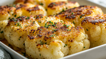 Fototapeta premium Roasted cauliflower florets garnished with herbs in a baking dish.