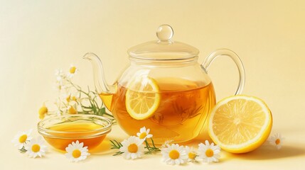 Glass teapot with chamomile flowers and fresh lemon slices, isolated on a light yellow background with a small dish of honey beside