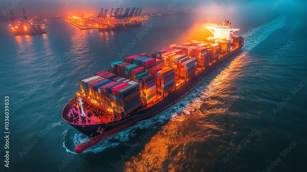 Aufkleber a large container ship moves through a harbor at twilight, lit by vibrant port lights. cranes and ot