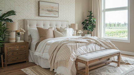 A transitional bedroom with a cozy and serene atmosphere