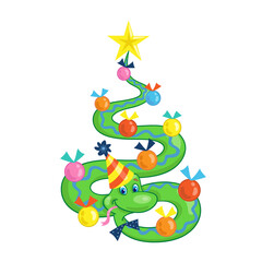 Obraz premium Funny snake in festive hat with glass balls - symbol of Chinese New Year. New Year tree. Greeting card 2025. Isolated on white background. Vector illustration.