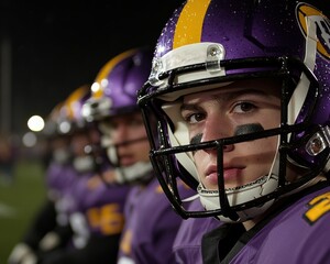 Focused young football player in purple gear, showcasing determination and team spirit under...