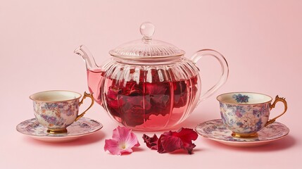 Glass teapot with visible rose petals and dried hibiscus, isolated on a light pink backdrop with decorative teacups and saucers