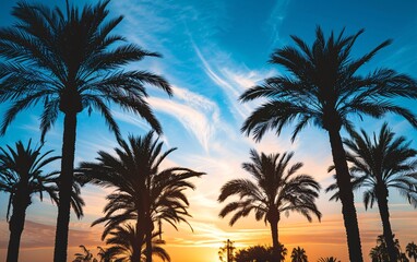 Obraz premium View of silhouette palm trees against blue sky