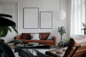 Two blank vertical din A posters with black frames in light room interior design. Frame mockups on a white wall, scandinavian style living room, brown leather sofa, coffee table, lamp, potted plants