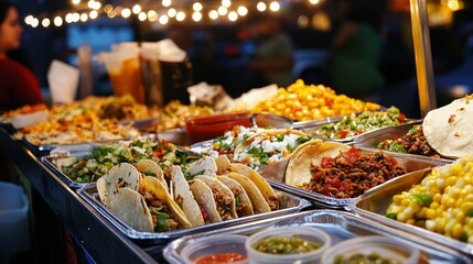 Fototapeta premium A delightful taco truck spread with options like carne asada, al pastor, and grilled fish