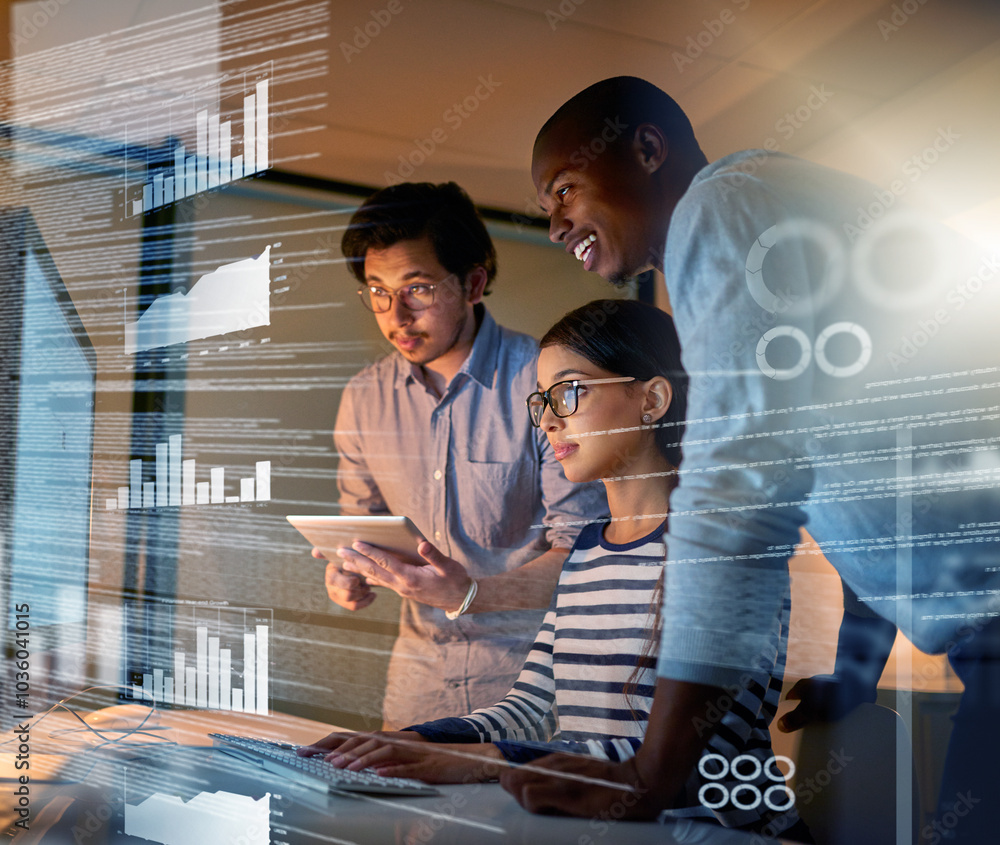 Poster Programmer, dashboard and overlay with computer at night with staff and developer team with software development. Planning, hologram and cybersecurity update with it people and web coding strategy