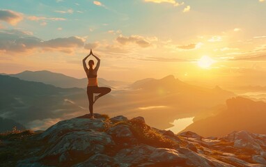 Woman practice yoga on mountain with sunset or sunrise