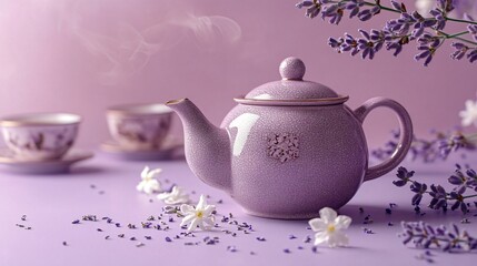 Teapot with visible green tea pearls and jasmine buds, isolated on a soft lavender background with decorative teacups