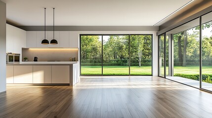 Fototapeta premium Empty room with windows and modern kitchen