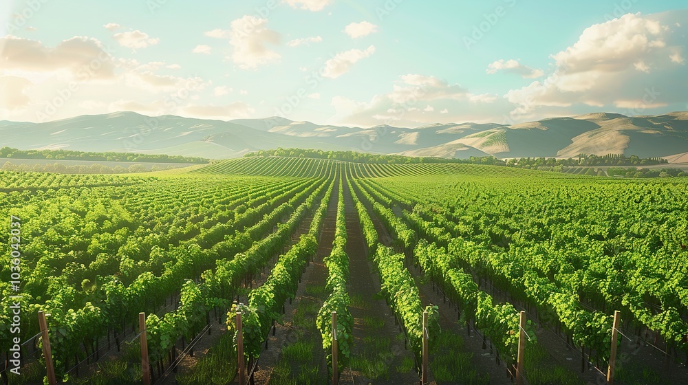 Poster rolling vineyards with neat rows of grapevines and a backdrop of rolling hills