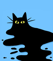 Cats are liquid. Hand drawn art of funny black cat. Comic flat illustration. T-shirt cartoon style cute print.