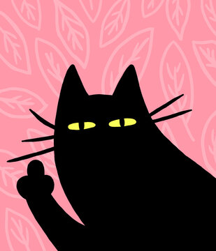 Angry cat. Hand drawn art of funny black cat. Comic flat illustration. T-shirt cartoon style cute print.
