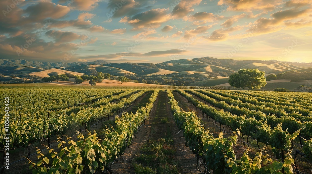 Poster rolling vineyards with neat rows of grapevines and a backdrop of rolling hills