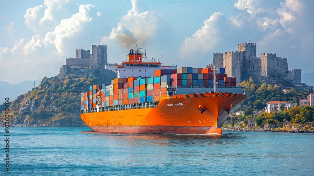 Poster the cargo ship, adorned with colorful containers, sails through calm waters, surrounded by ancient c