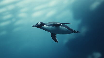 Fototapeta premium A Galápagos penguin swimming swiftly underwater, its body streamlined with no noise or artifacts disrupting the clear blue water.