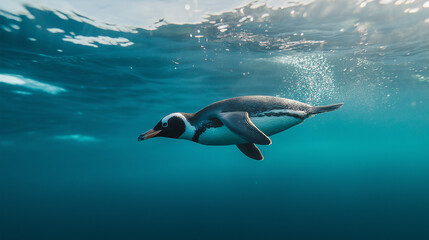 A Gal&aacute;pagos penguin swimming swiftly underwater, its body streamlined with no noise or artifacts disrupting the clear blue water. v2