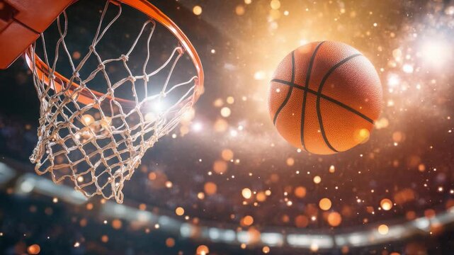 A basketball approaches the hoop as fans cheer in a dynamic arena filled with vibrant bokeh lights and intense energy during an evening game