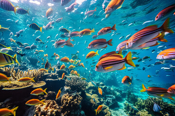 Painting of a school of fish swimming in a coral reef. The fish are orange and yellow, and the water is blue. The painting conveys a sense of peace and tranquility