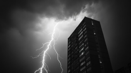 Lightning striking a tall building during a powerful thunderstorm, capturing the moment of impact