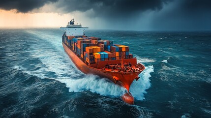 A large cargo ship battles turbulent waters, riding strong waves as dark clouds loom overhead. The sunset highlights the colorful containers stacked on deck.