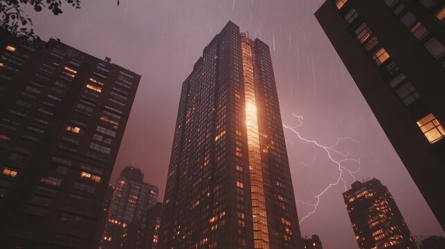 Lightning striking a tall building during a powerful thunderstorm, capturing the moment of impact
