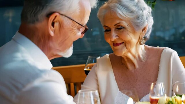 Elderly Caucasian Couple Enjoying a Romantic Dinner Date Indoors at a Cozy Restaurant Setting. Concept of Love, Companionship, Senior Relationships, and Special Moments Together