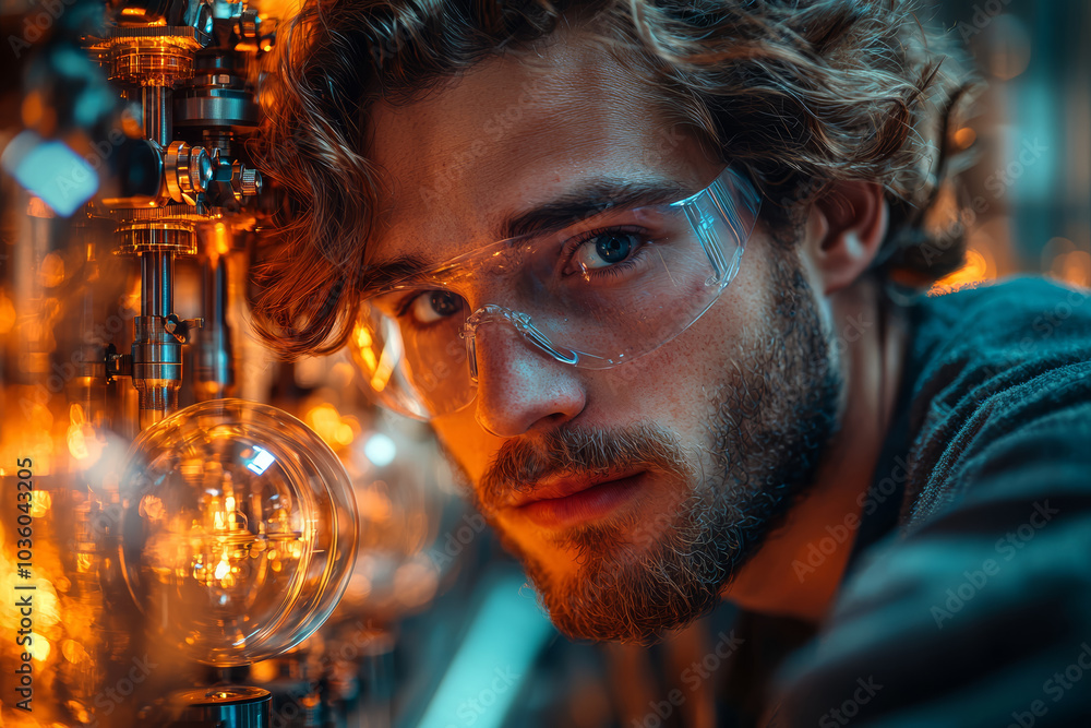 Aufkleber a scientist looking at a machine that allows them to glimpse into alternate dimensions, symbolizing 
