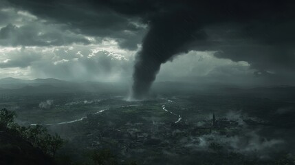 A tornado forming in the distance, with dark storm clouds swirling and the land below cast in shadow