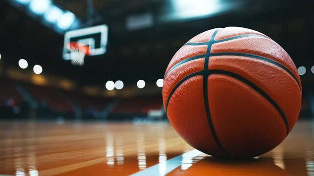 A bright orange basketball lies on the polished wooden court in a dimly lit sports arena, ready for the game