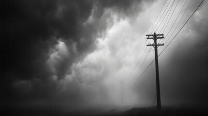 Power lines swaying dangerously in high winds as a storm rages overhead