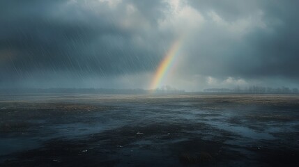 The aftermath of a storm, with a rainbow appearing over a calm, rain-soaked field